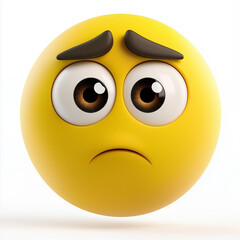 Sad yellow emoji with large, teary eyes and furrowed brows, expressing deep sorrow, melancholy, and disappointment, isolated on white