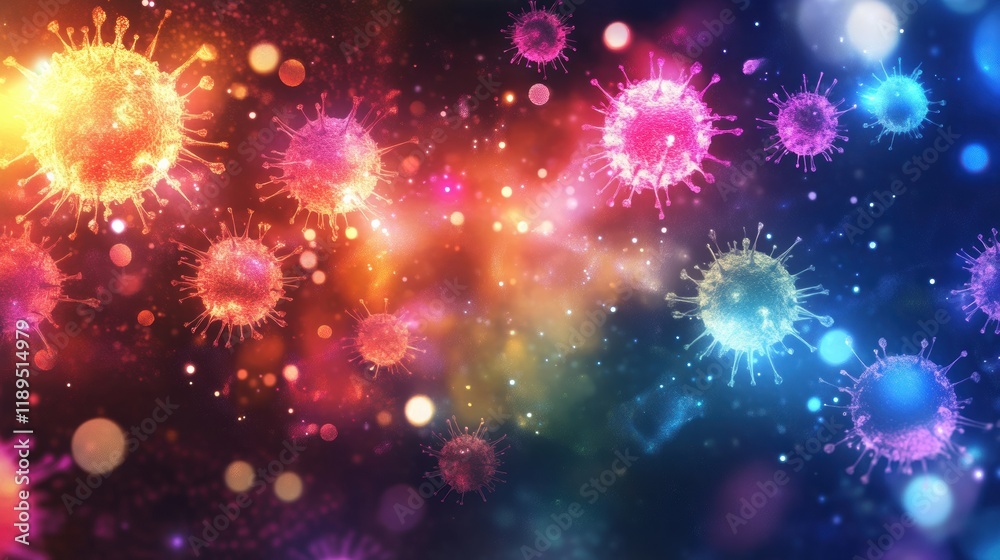 Poster viruses engaging with human cells under colorful illumination in a microscopic environment. generati