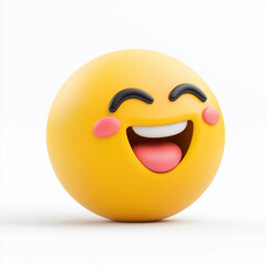 Fototapeta premium Rounded yellow emoji with a big open-mouthed smile and pink blush cheeks, conveying happiness and positivity, set against a white backdrop