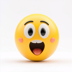 Fototapeta premium Yellow emoji with a cheerful face, open mouth, and wide eyes, depicting excitement and happiness, placed against a plain white background