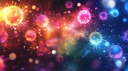 Obraz premium Viruses engaging with human cells under colorful illumination in a microscopic environment. Generative AI