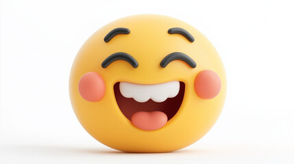 Yellow emoji with closed eyes, wide-open mouth, and rosy cheeks, radiating laughter and joy, placed on a white background
