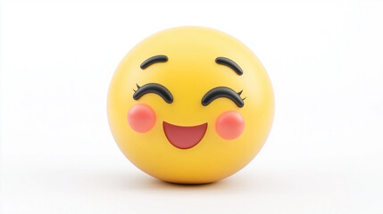 Fototapeta premium Yellow emoji with one closed eye, a joyful smile, and rosy cheeks, expressing charm and calmness, isolated on a white background