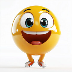 Naklejka premium Yellow emoji with large sparkling eyes, an open-mouth smile, and tiny legs, radiating excitement and joy, set against a white background
