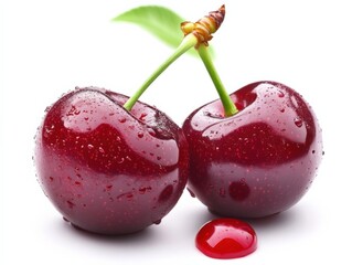 two cherries with a leaf and a drop of juice