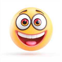 Fototapeta premium Yellow emoji with wide eyes, open-mouth smile, and a surprised joyful expression, radiating energy and fun, set on a white background