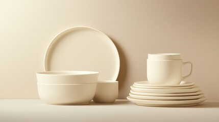 Fototapeta premium Minimalist Elegance: A Set of Textured Cream-Colored Dinnerware on a Neutral Background.