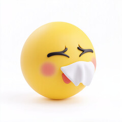 Yellow emoji sneezing with a tissue, closed eyes, and blushing cheeks, showcasing a sick or tired expression, set against a white background