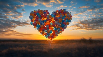 Fototapeta premium Heart-shaped balloons sunset desert romance