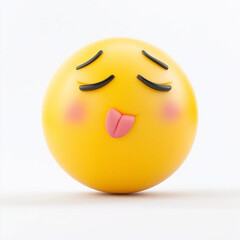 Fototapeta premium Yellow emoji with closed eyes, rosy cheeks, and its tongue sticking out, radiating satisfaction or silliness, isolated on a white background