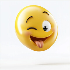 Fototapeta premium Yellow emoji with a winking eye, a big smile, and its tongue sticking out, radiating fun and mischief, isolated on a clean white background