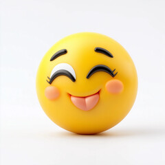 Fototapeta premium Yellow emoji with a winking eye, tongue out, and blushing cheeks, radiating playfulness and fun, set on a clean white backdrop