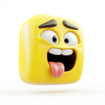Yellow square emoji with raised eyebrows, wide eyes, and a tongue sticking out, radiating goofiness and charm, set against a clean white backdrop
