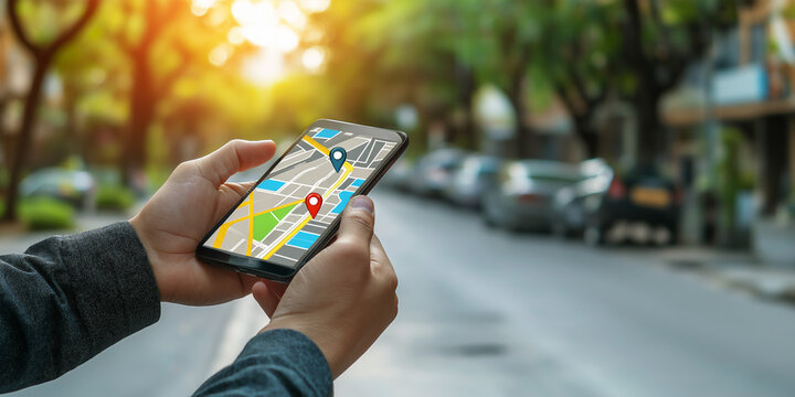 Caucasian man holding smartphone with map app on screen, finding location in neighborhood, copy space