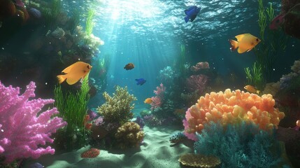 Fototapeta premium vibrant coral reef scene with colorful fish swimming among soft corals illuminated by sunbeams filtering through water