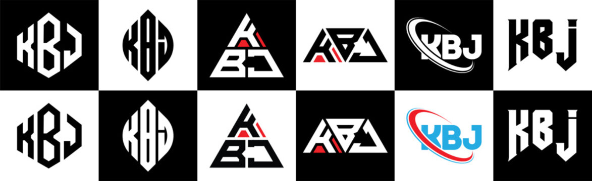 KBJ letter logo design in six style. KBJ polygon, circle, triangle, hexagon, flat and simple style with black and white color variation letter logo set in one artboard. KBJ minimalist and classic logo