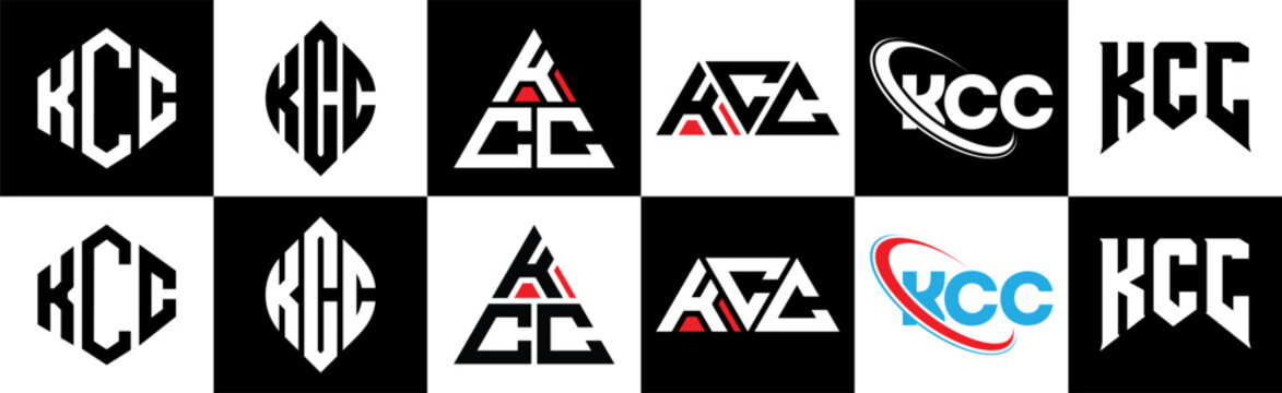 KCC letter logo design in six style. KCC polygon, circle, triangle, hexagon, flat and simple style with black and white color variation letter logo set in one artboard. KCC minimalist and classic logo