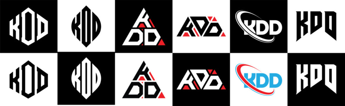 KDD letter logo design in six style. KDD polygon, circle, triangle, hexagon, flat and simple style with black and white color variation letter logo set in one artboard. KDD minimalist and classic logo