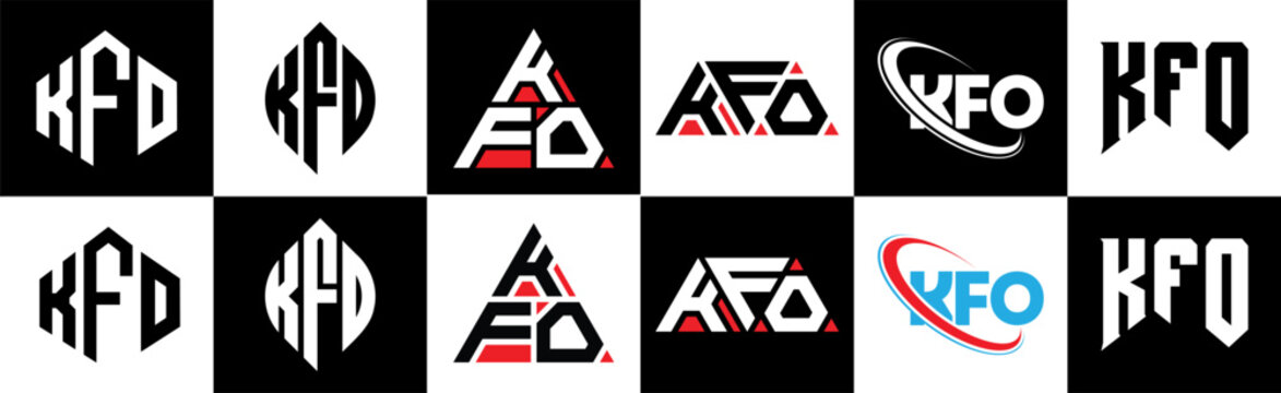 KFO letter logo design in six style. KFO polygon, circle, triangle, hexagon, flat and simple style with black and white color variation letter logo set in one artboard. KFO minimalist and classic logo