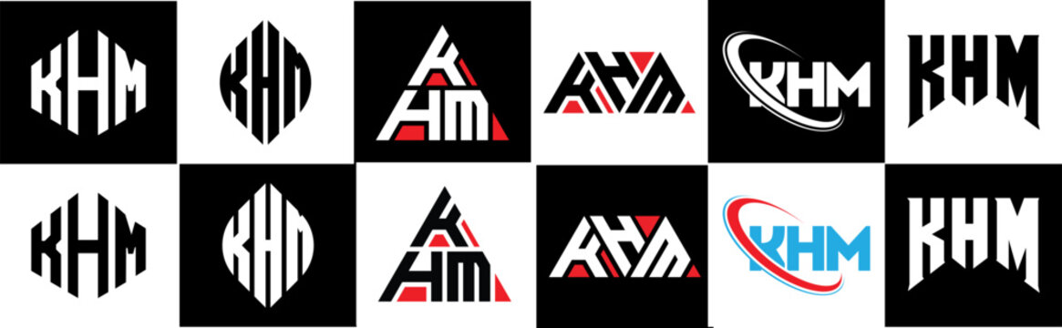 KHM letter logo design in six style. KHM polygon, circle, triangle, hexagon, flat and simple style with black and white color variation letter logo set in one artboard. KHM minimalist and classic logo