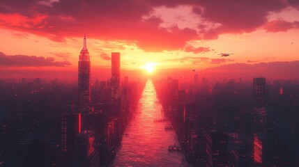 A stunning sunset over a city skyline reflecting on water.