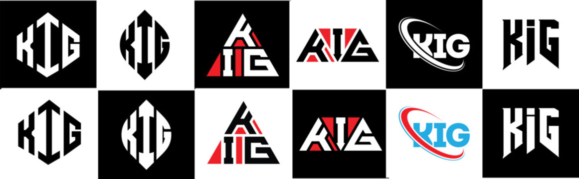 KIG letter logo design in six style. KIG polygon, circle, triangle, hexagon, flat and simple style with black and white color variation letter logo set in one artboard. KIG minimalist and classic logo