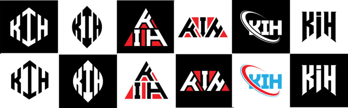 KIH letter logo design in six style. KIH polygon, circle, triangle, hexagon, flat and simple style with black and white color variation letter logo set in one artboard. KIH minimalist and classic logo