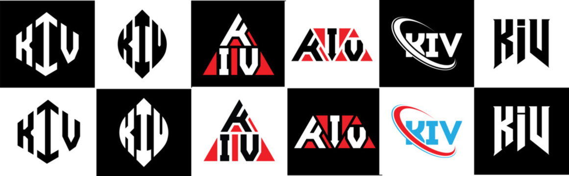 KIV letter logo design in six style. KIV polygon, circle, triangle, hexagon, flat and simple style with black and white color variation letter logo set in one artboard. KIV minimalist and classic logo