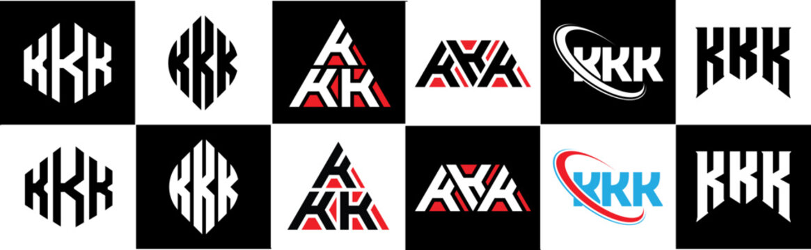 KKK letter logo design in six style. KKK polygon, circle, triangle, hexagon, flat and simple style with black and white color variation letter logo set in one artboard. KKK minimalist and classic logo