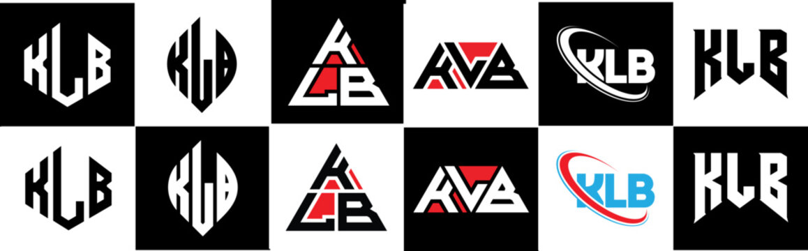KLB letter logo design in six style. KLB polygon, circle, triangle, hexagon, flat and simple style with black and white color variation letter logo set in one artboard. KLB minimalist and classic logo