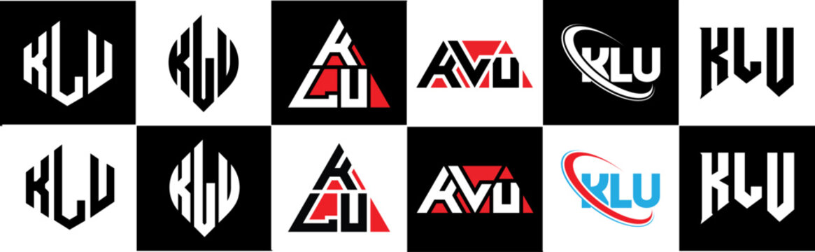 KLU letter logo design in six style. KLU polygon, circle, triangle, hexagon, flat and simple style with black and white color variation letter logo set in one artboard. KLU minimalist and classic logo