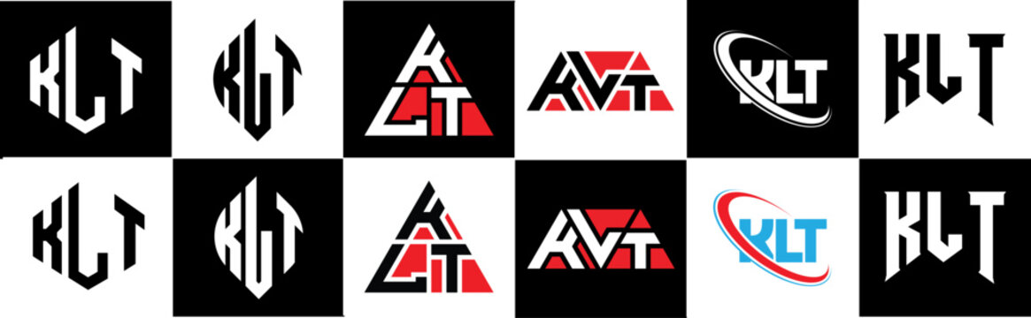KLT letter logo design in six style. KLT polygon, circle, triangle, hexagon, flat and simple style with black and white color variation letter logo set in one artboard. KLT minimalist and classic logo