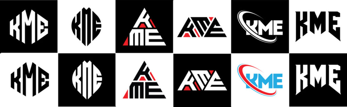 KME letter logo design in six style. KME polygon, circle, triangle, hexagon, flat and simple style with black and white color variation letter logo set in one artboard. KME minimalist and classic logo
