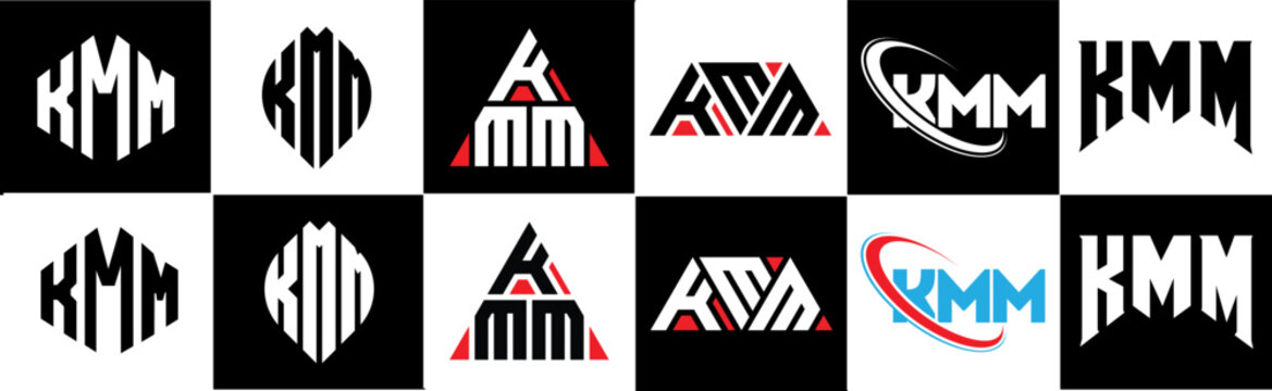 KMM letter logo design in six style. KMM polygon, circle, triangle, hexagon, flat and simple style with black and white color variation letter logo set in one artboard. KMM minimalist and classic logo