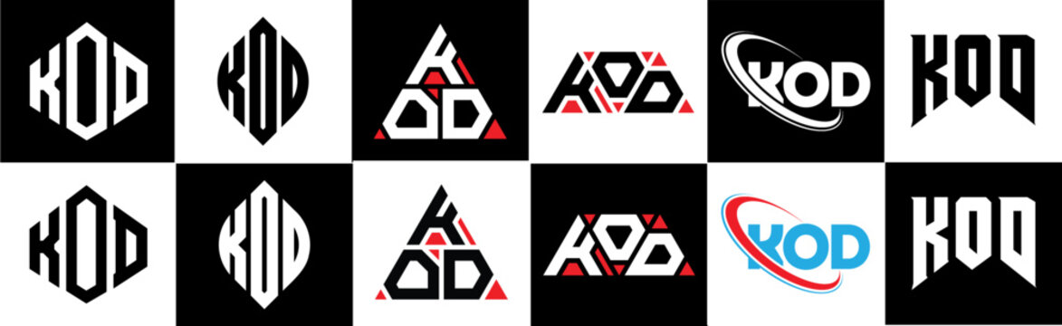 KOD letter logo design in six style. KOD polygon, circle, triangle, hexagon, flat and simple style with black and white color variation letter logo set in one artboard. KOD minimalist and classic logo