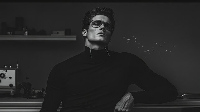 Portrait of a man in black turtleneck and glasses, showcasing a stylish and contemplative mood in a dimly lit room