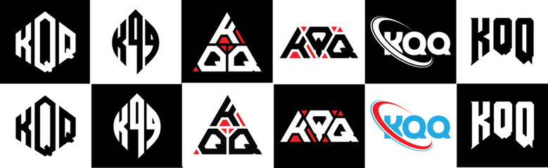 KQQ letter logo design in six style. KQQ polygon, circle, triangle, hexagon, flat and simple style with black and white color variation letter logo set in one artboard. KQQ minimalist and classic logo