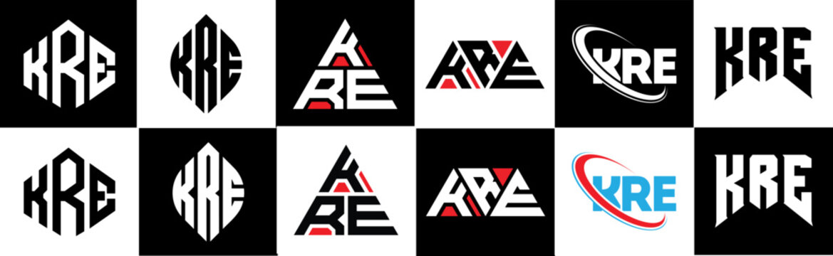 KRE letter logo design in six style. KRE polygon, circle, triangle, hexagon, flat and simple style with black and white color variation letter logo set in one artboard. KRE minimalist and classic logo