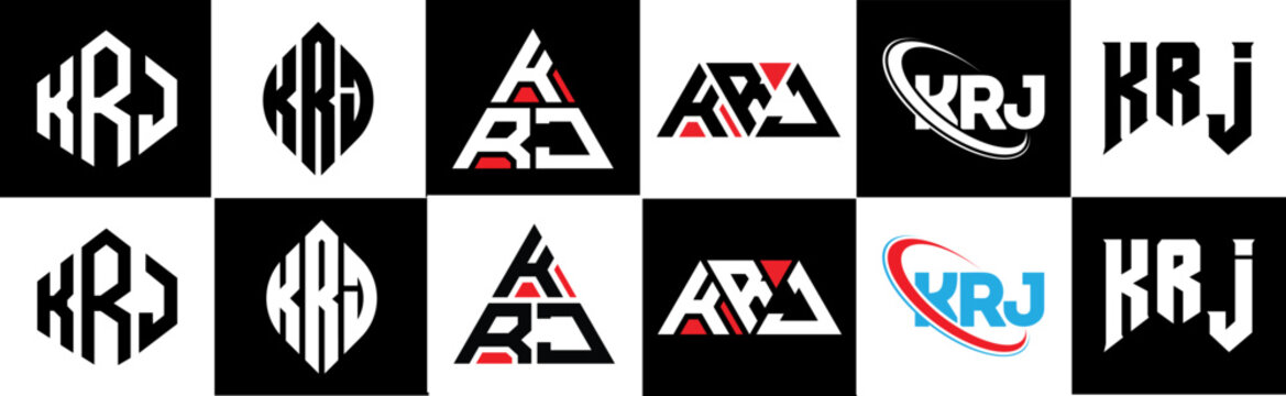 KRJ letter logo design in six style. KRJ polygon, circle, triangle, hexagon, flat and simple style with black and white color variation letter logo set in one artboard. KRJ minimalist and classic logo