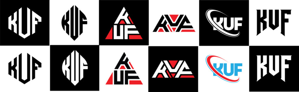 KUF letter logo design in six style. KUF polygon, circle, triangle, hexagon, flat and simple style with black and white color variation letter logo set in one artboard. KUF minimalist and classic logo