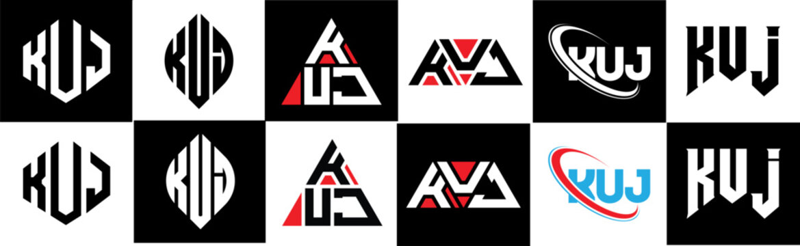 KUJ letter logo design in six style. KUJ polygon, circle, triangle, hexagon, flat and simple style with black and white color variation letter logo set in one artboard. KUJ minimalist and classic logo