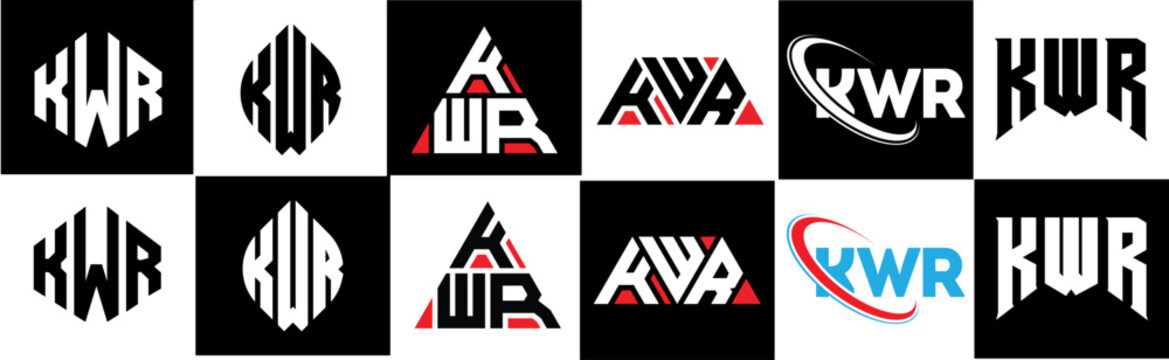 KWR letter logo design in six style. KWR polygon, circle, triangle, hexagon, flat and simple style with black and white color variation letter logo set in one artboard. KWR minimalist and classic logo