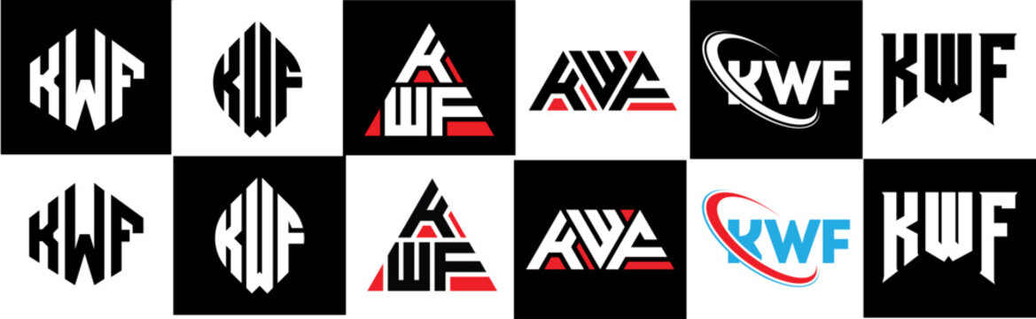 KWF letter logo design in six style. KWF polygon, circle, triangle, hexagon, flat and simple style with black and white color variation letter logo set in one artboard. KWF minimalist and classic logo