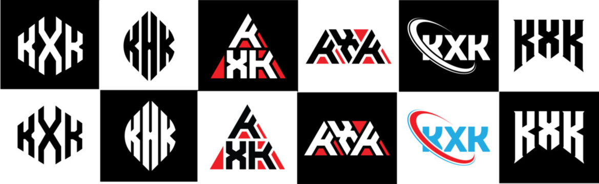 KXK letter logo design in six style. KXK polygon, circle, triangle, hexagon, flat and simple style with black and white color variation letter logo set in one artboard. KXK minimalist and classic logo