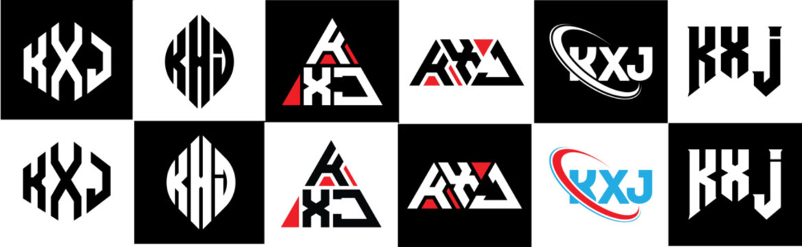 KXJ letter logo design in six style. KXJ polygon, circle, triangle, hexagon, flat and simple style with black and white color variation letter logo set in one artboard. KXJ minimalist and classic logo