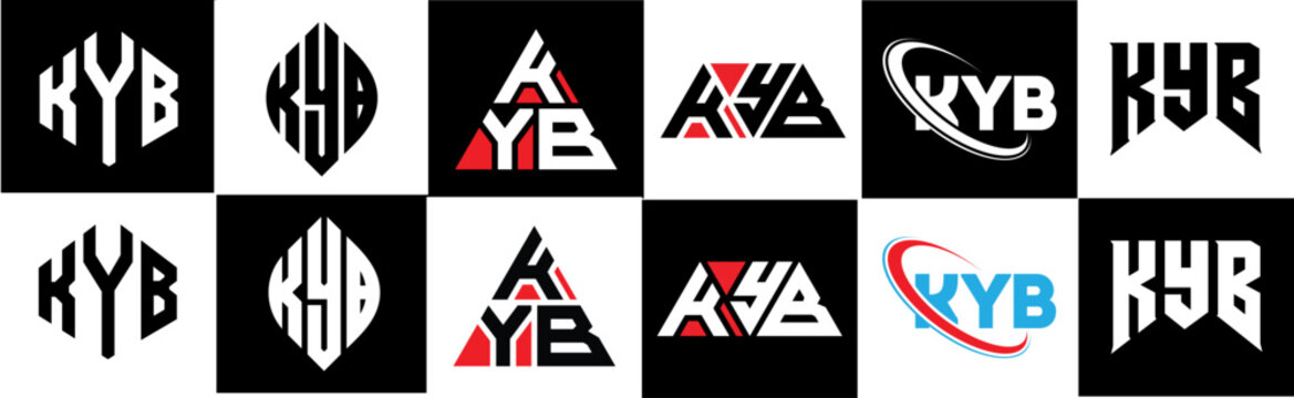 KYB letter logo design in six style. KYB polygon, circle, triangle, hexagon, flat and simple style with black and white color variation letter logo set in one artboard. KYB minimalist and classic logo