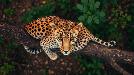 Obraz premium Blurred bokeh effect, gentle soft light. A leopard, light tan fur with black spots, rests on a brown branch, head left. Diffused shadows, sharp subject focus, soft background