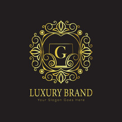 Letter Luxury brand logo design with a royal gold crown emblem and elegant typography
