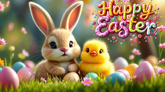Cartoon fluffy bunny with chick surrounded by Easter eggs, colorful text Happy Easter. Template for Easter animated invitation, greeting card, children's party,  advertising 