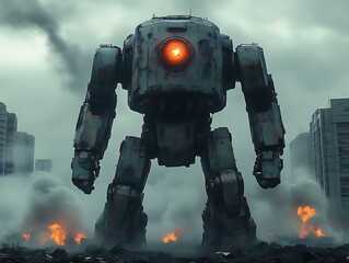 Giant rusty robot in post-apocalyptic city.